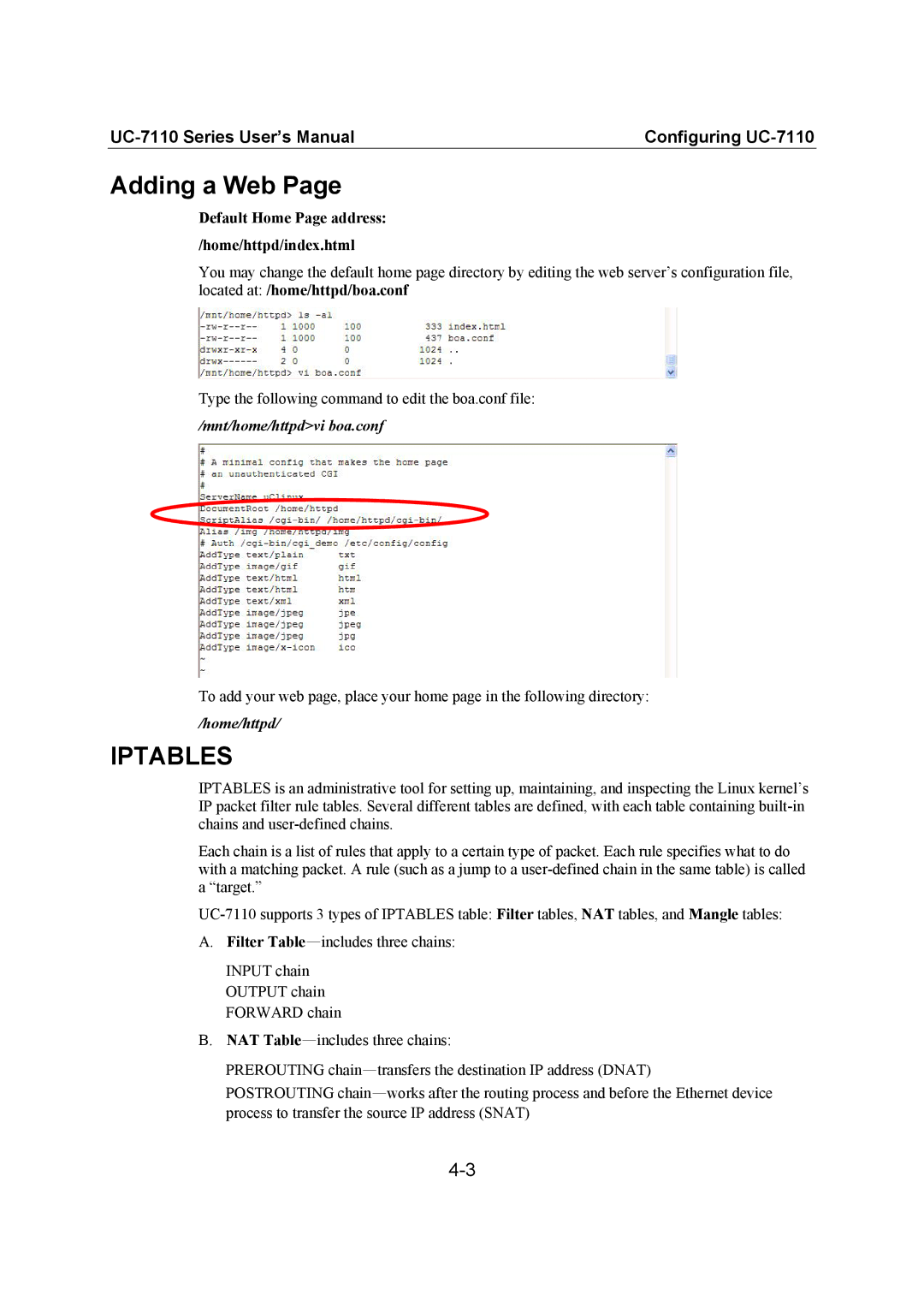 Moxa Technologies UC-7110 user manual Adding a Web, Iptables 