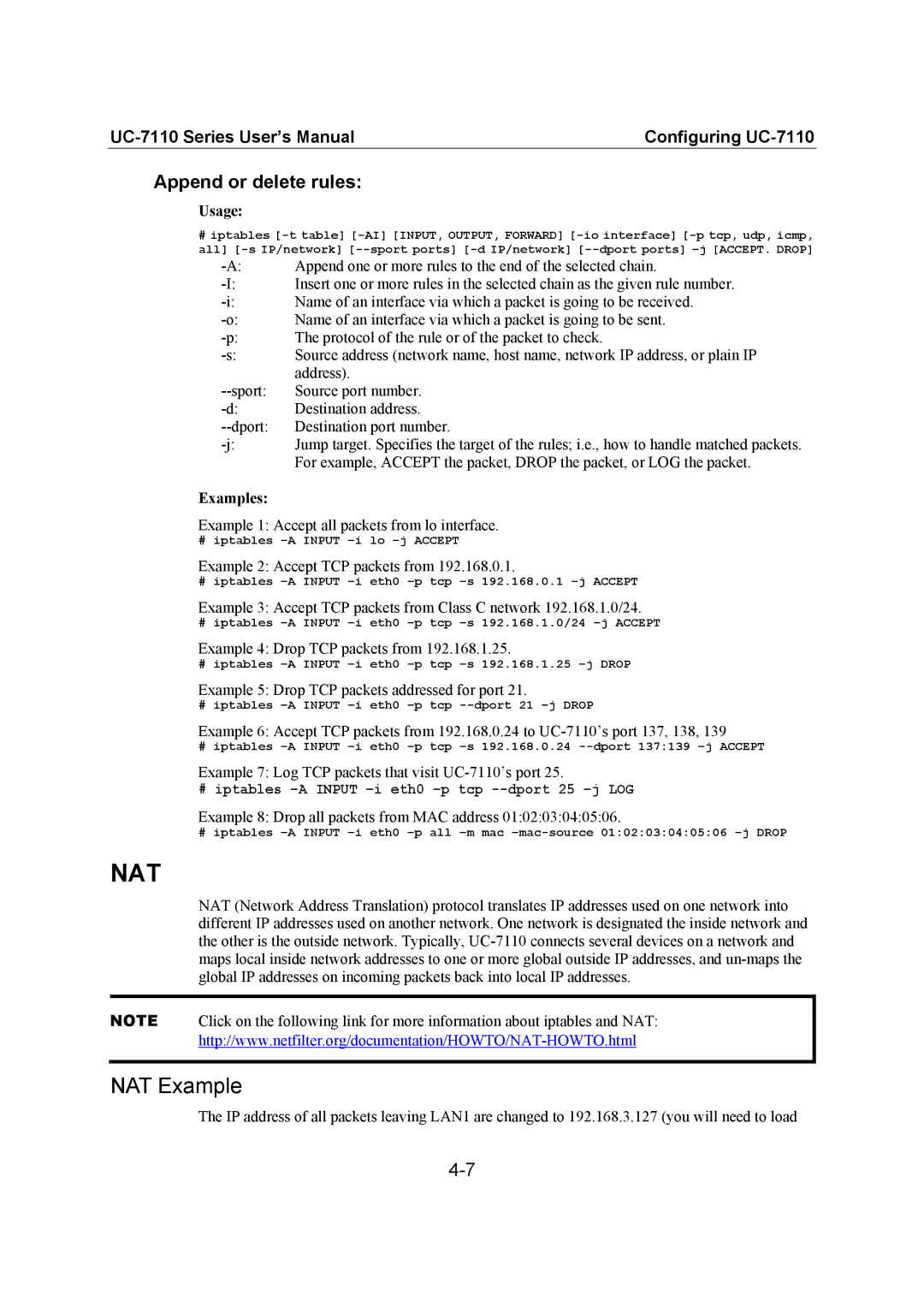 Moxa Technologies UC-7110 user manual NAT Example, # iptables -A Input -i eth0 -p tcp --dport 25 -j LOG 