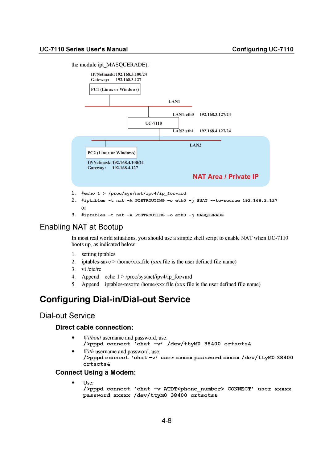 Moxa Technologies UC-7110 user manual Configuring Dial-in/Dial-out Service, Enabling NAT at Bootup 