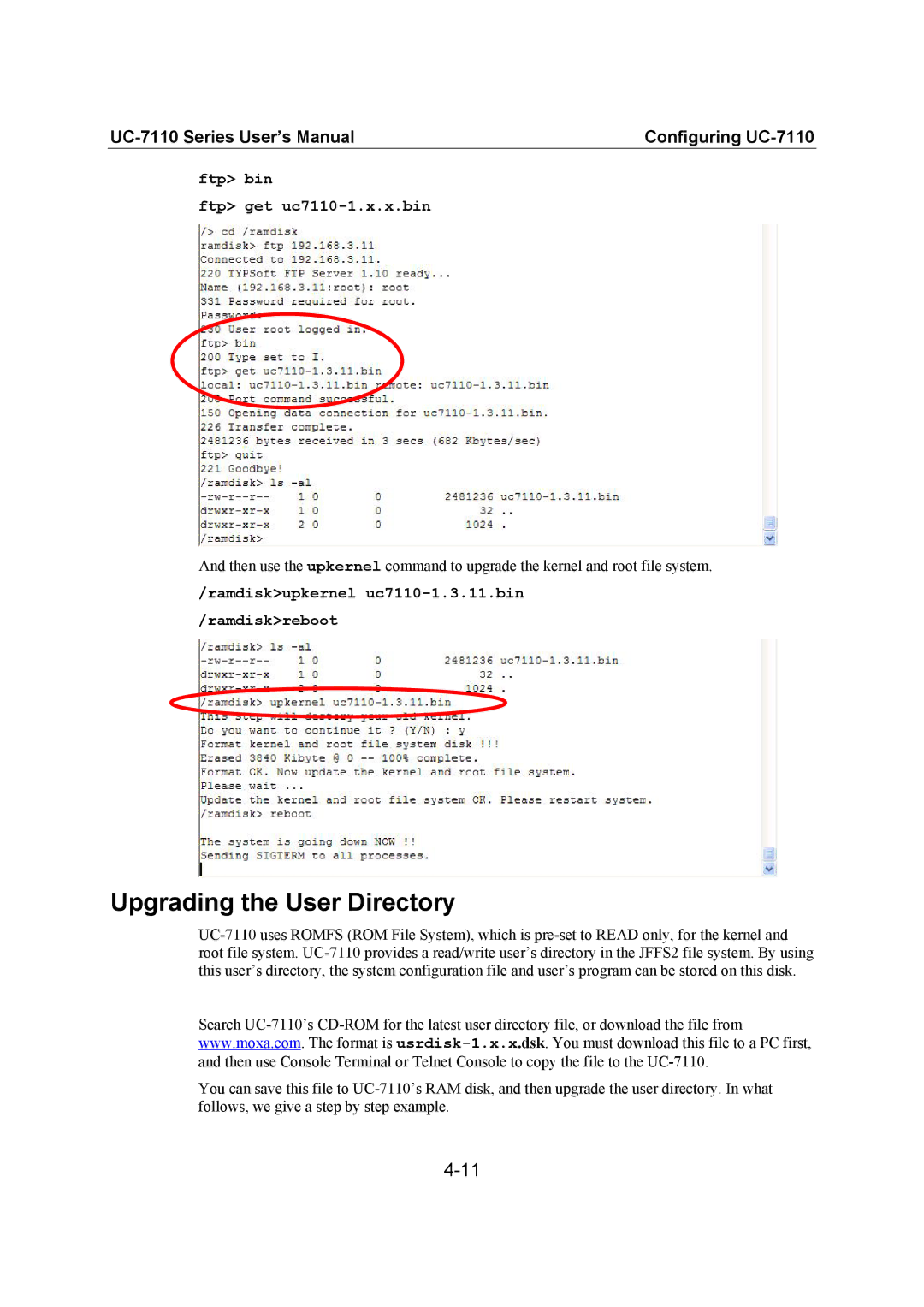 Moxa Technologies UC-7110 user manual Upgrading the User Directory, Ftp bin Ftp get uc7110-1.x.x.bin 