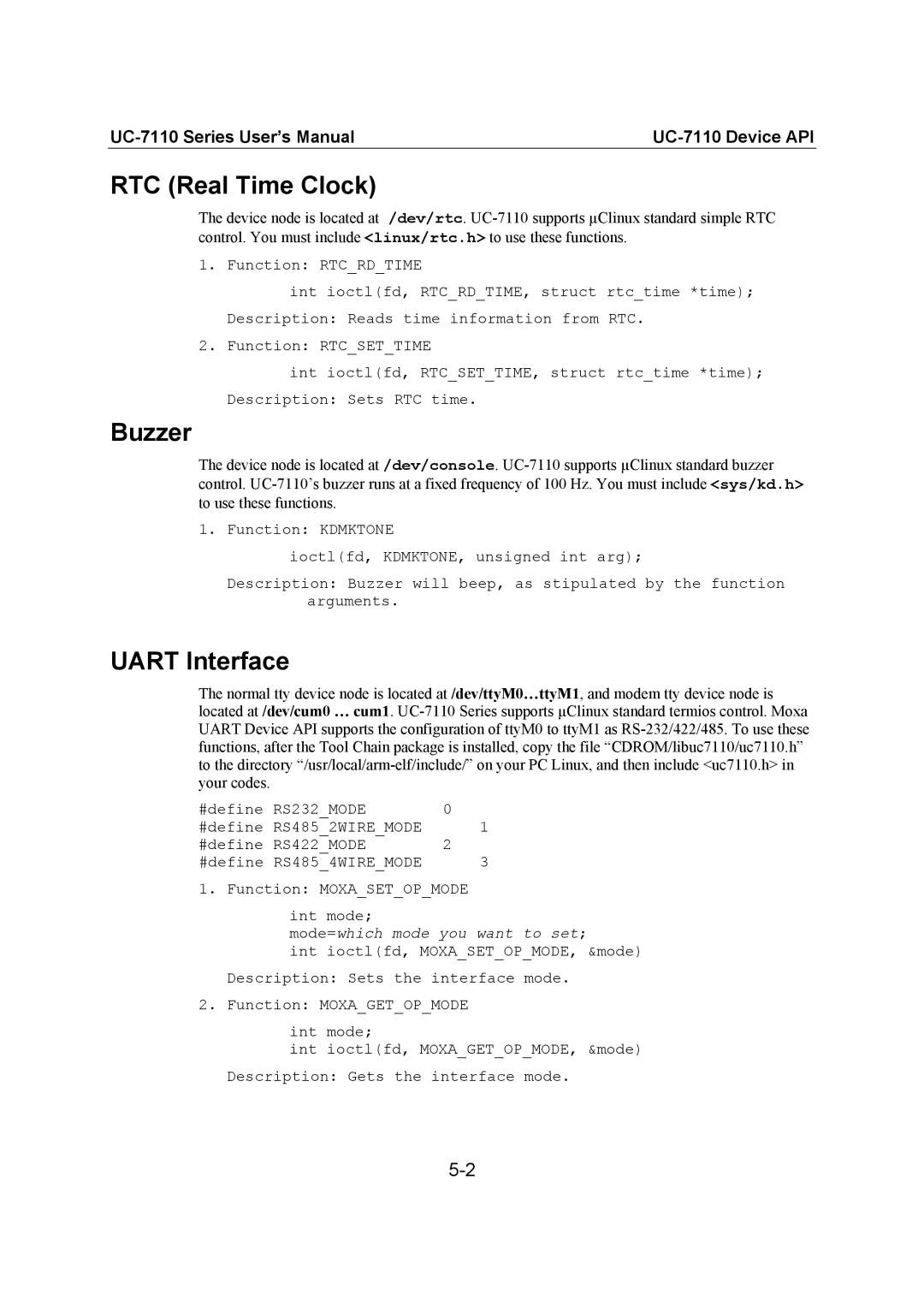 Moxa Technologies UC-7110 user manual RTC Real Time Clock, Buzzer, Uart Interface 