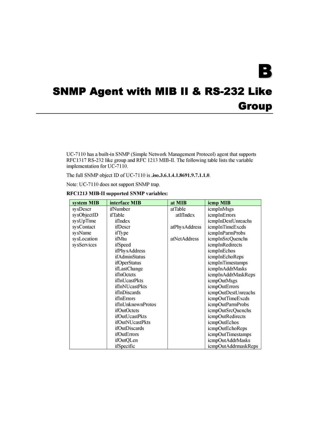 Moxa Technologies UC-7110 user manual Snmp Agent with MIB II & RS-232 Like Group 