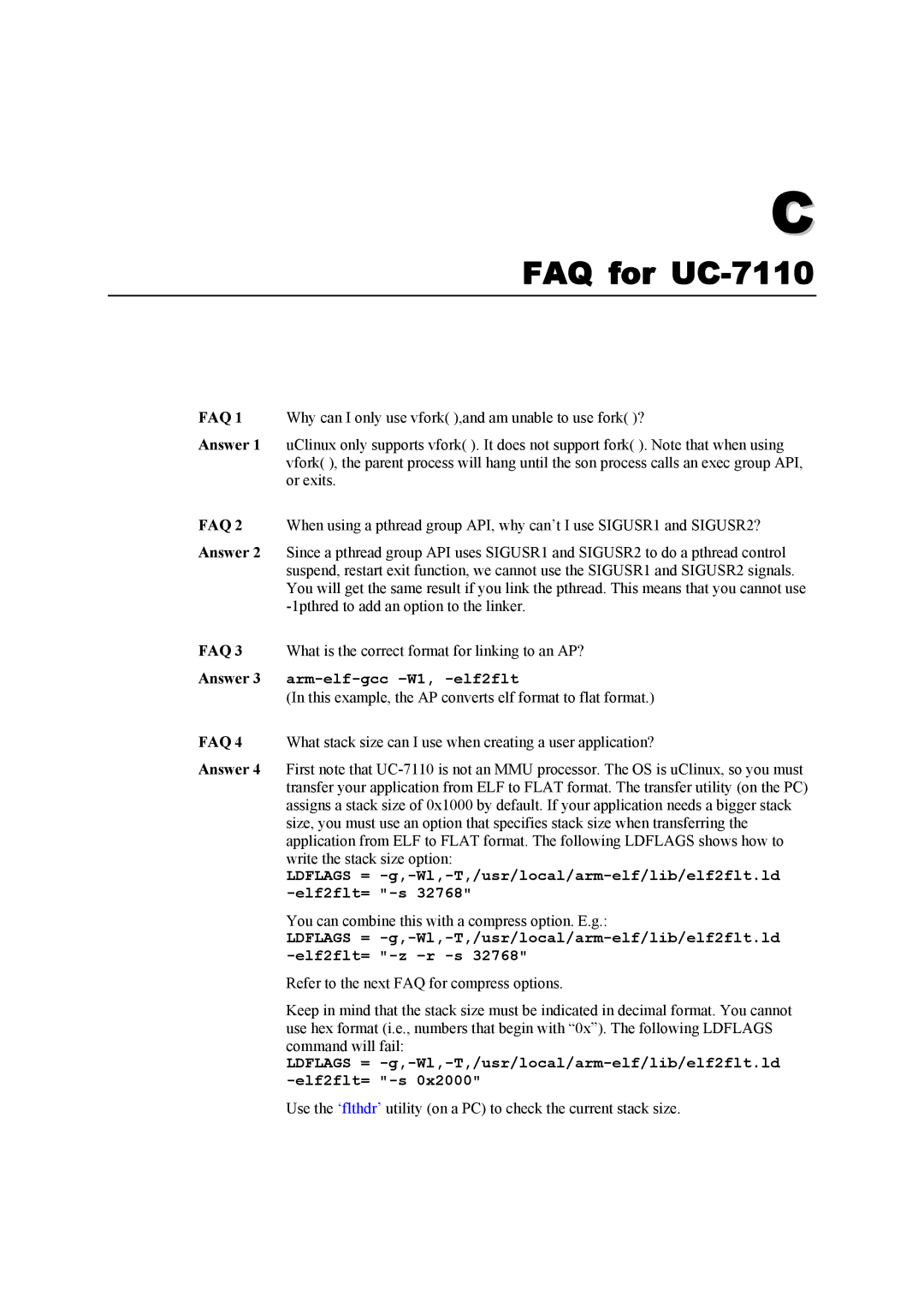 Moxa Technologies user manual FAQ for UC-7110, Answer 3 arm-elf-gcc -W1, -elf2flt 