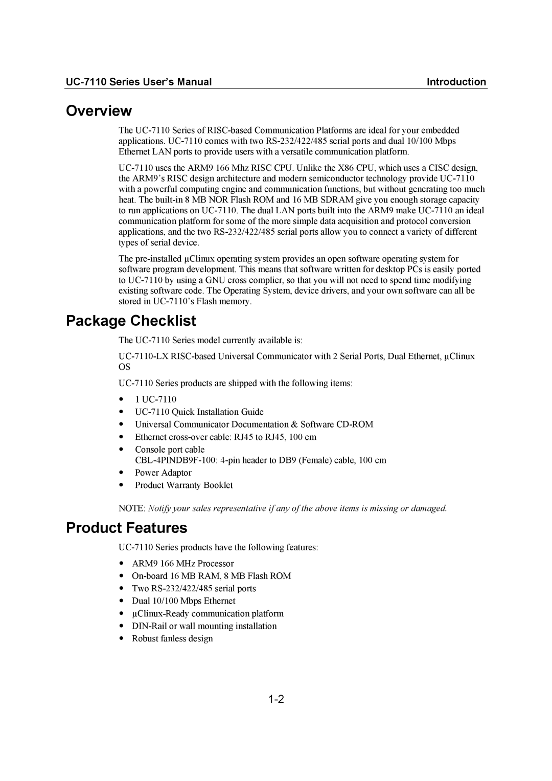 Moxa Technologies UC-7110 user manual Overview, Package Checklist, Product Features 