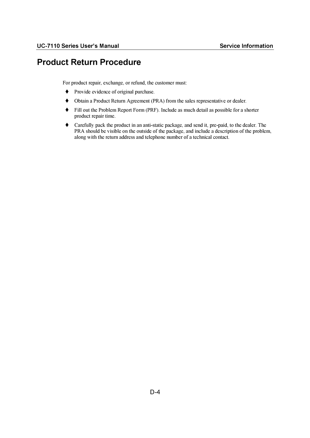 Moxa Technologies UC-7110 user manual Product Return Procedure 