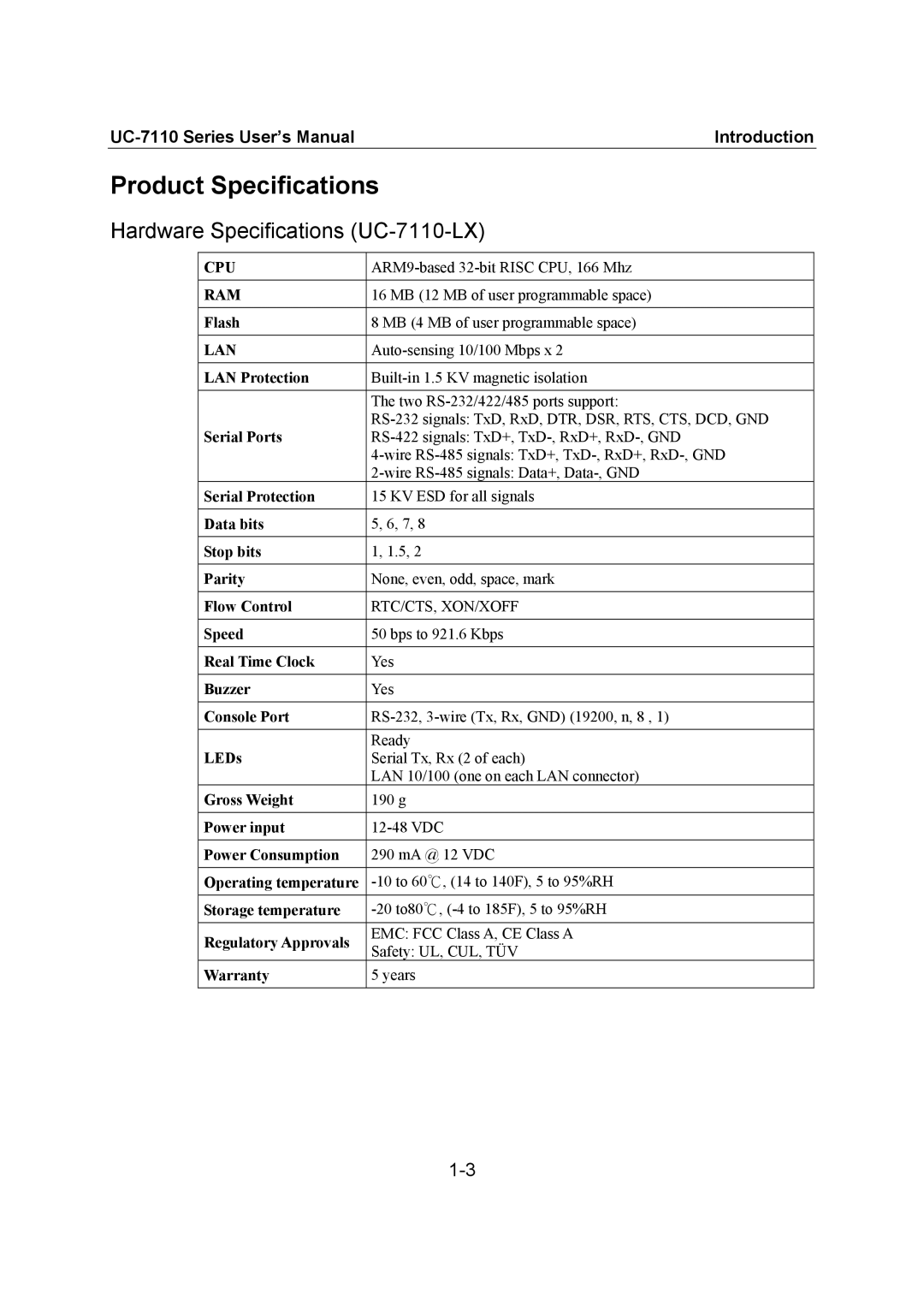 Moxa Technologies user manual Product Specifications, Hardware Specifications UC-7110-LX 