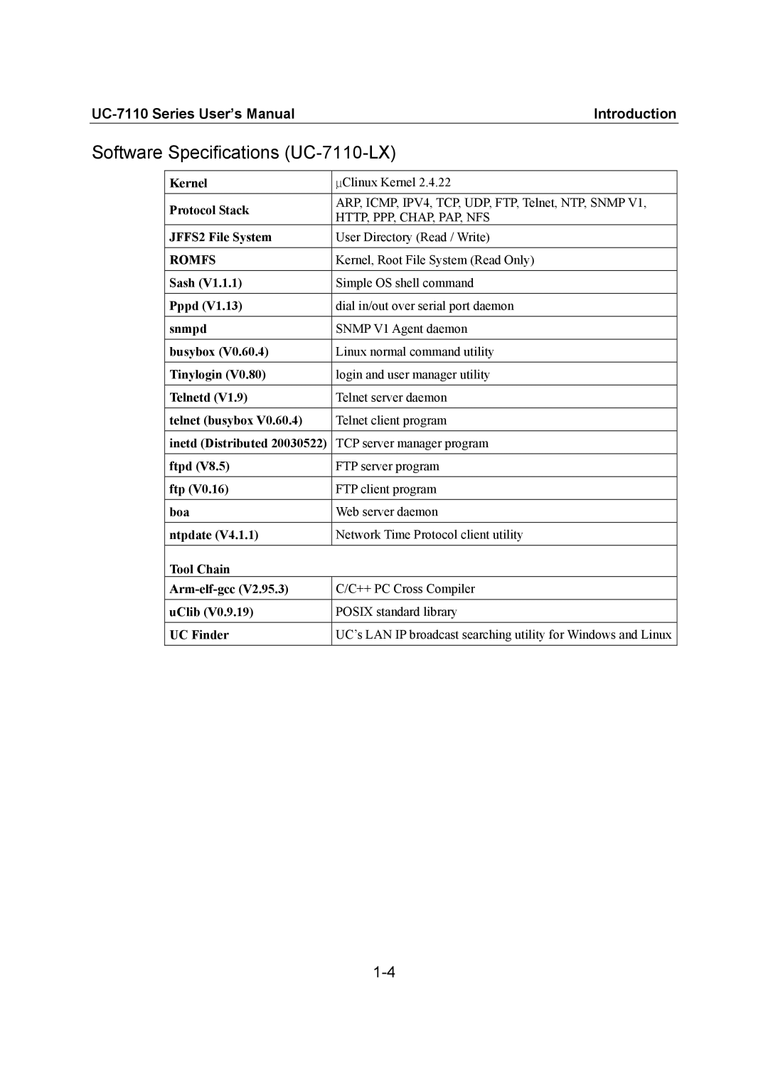 Moxa Technologies user manual Software Specifications UC-7110-LX, JFFS2 File System User Directory Read / Write 