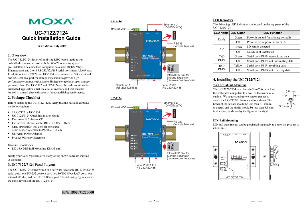 Moxa Technologies warranty Overview, Installing the UC-7122/7124, Package Checklist, UC-7122/7124 Panel Layout 