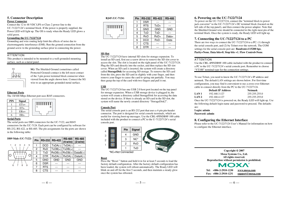 Moxa Technologies warranty Connector Description, Powering on the UC-7122/7124, Connecting the UC-7122/7124 to a PC 