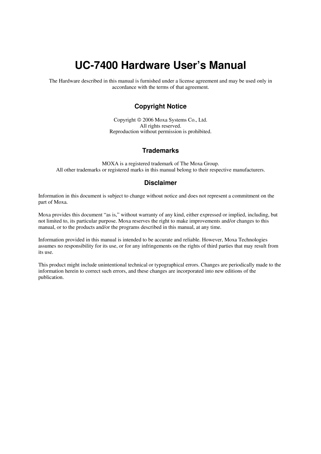 Moxa Technologies UC-7400 user manual Copyright Notice, Trademarks, Disclaimer 