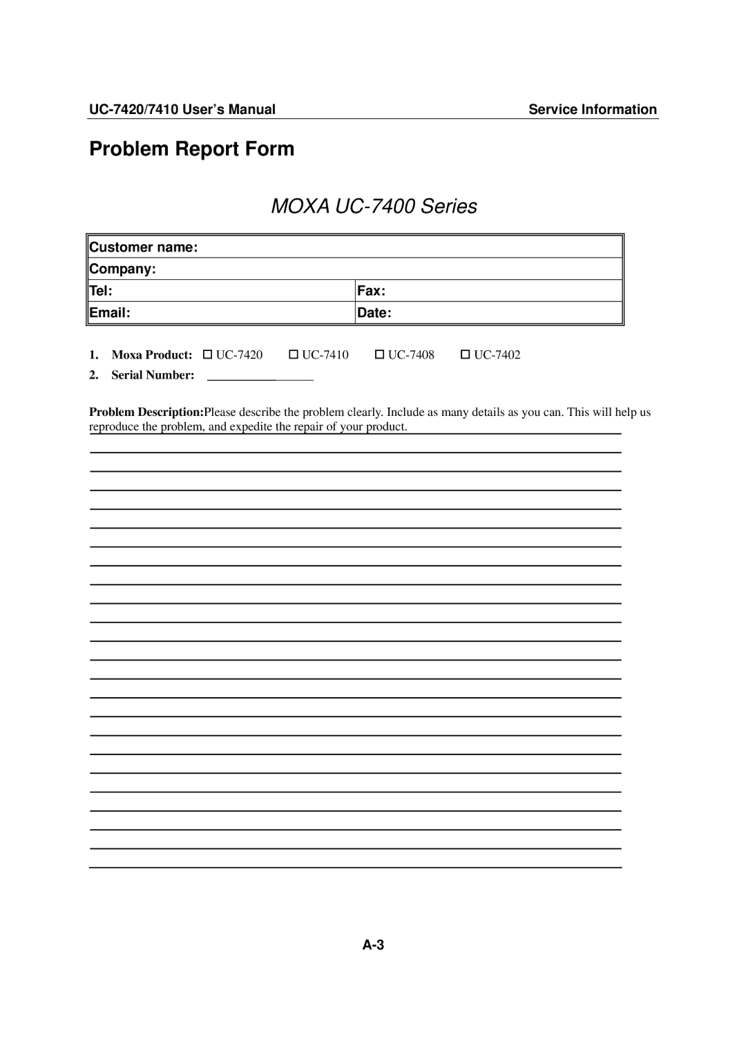 Moxa Technologies user manual Problem Report Form, Moxa UC-7400 Series 