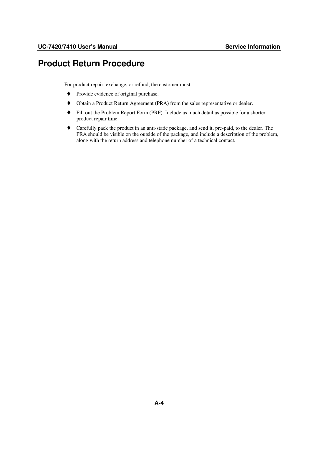 Moxa Technologies UC-7400 user manual Product Return Procedure 