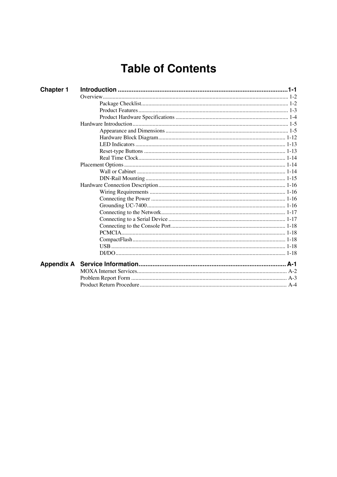 Moxa Technologies UC-7400 user manual Table of Contents 