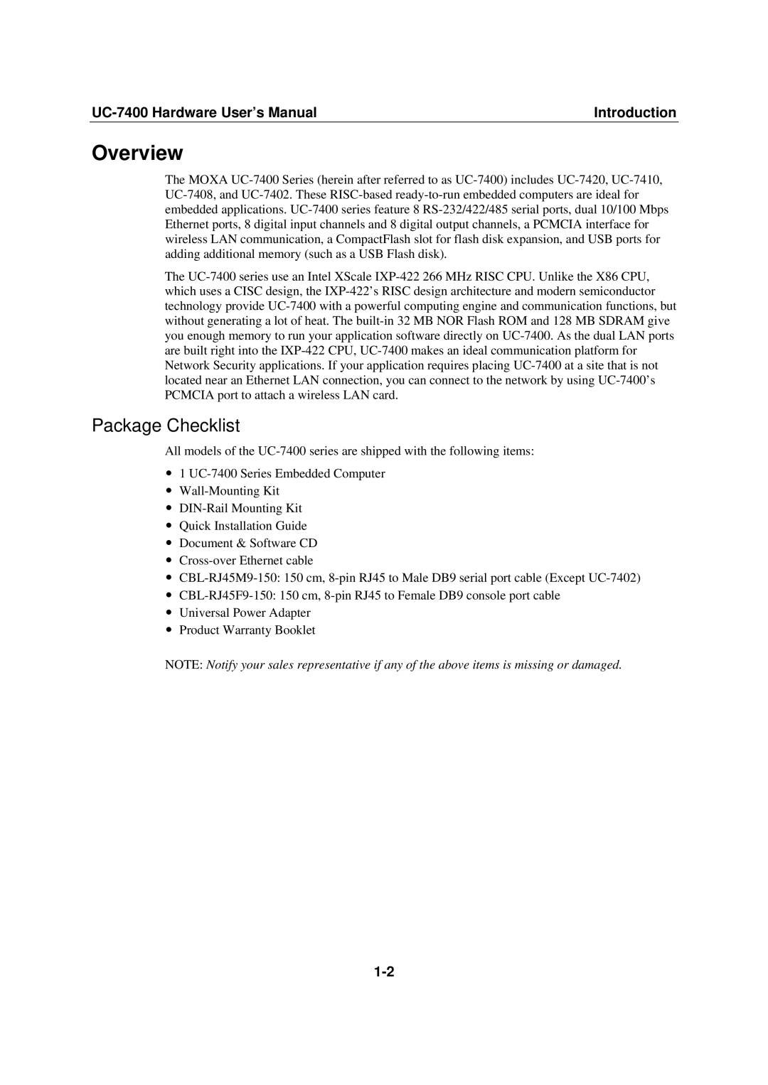 Moxa Technologies UC-7400 user manual Overview, Package Checklist 