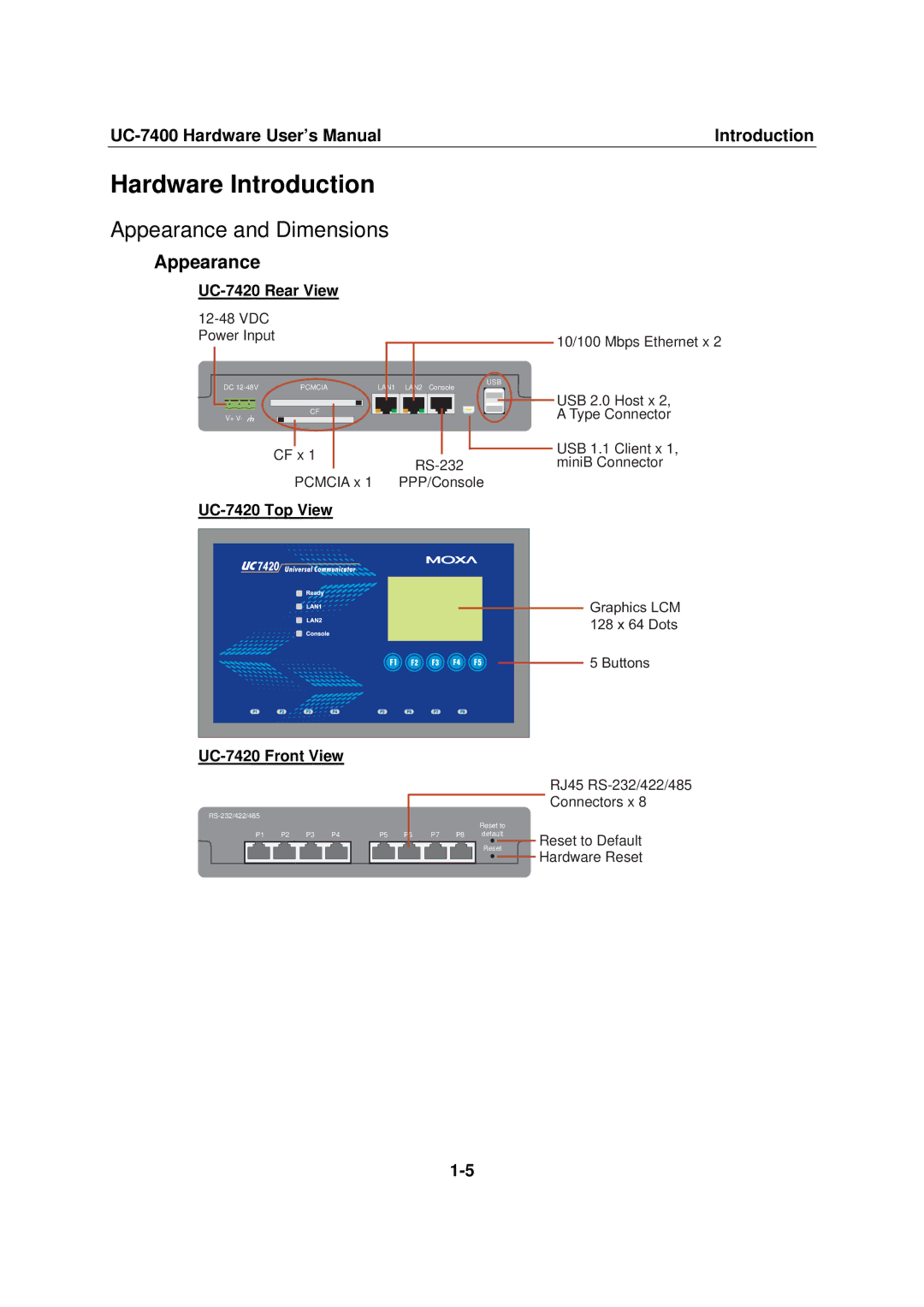 Moxa Technologies UC-7400 user manual Hardware Introduction, Appearance and Dimensions 