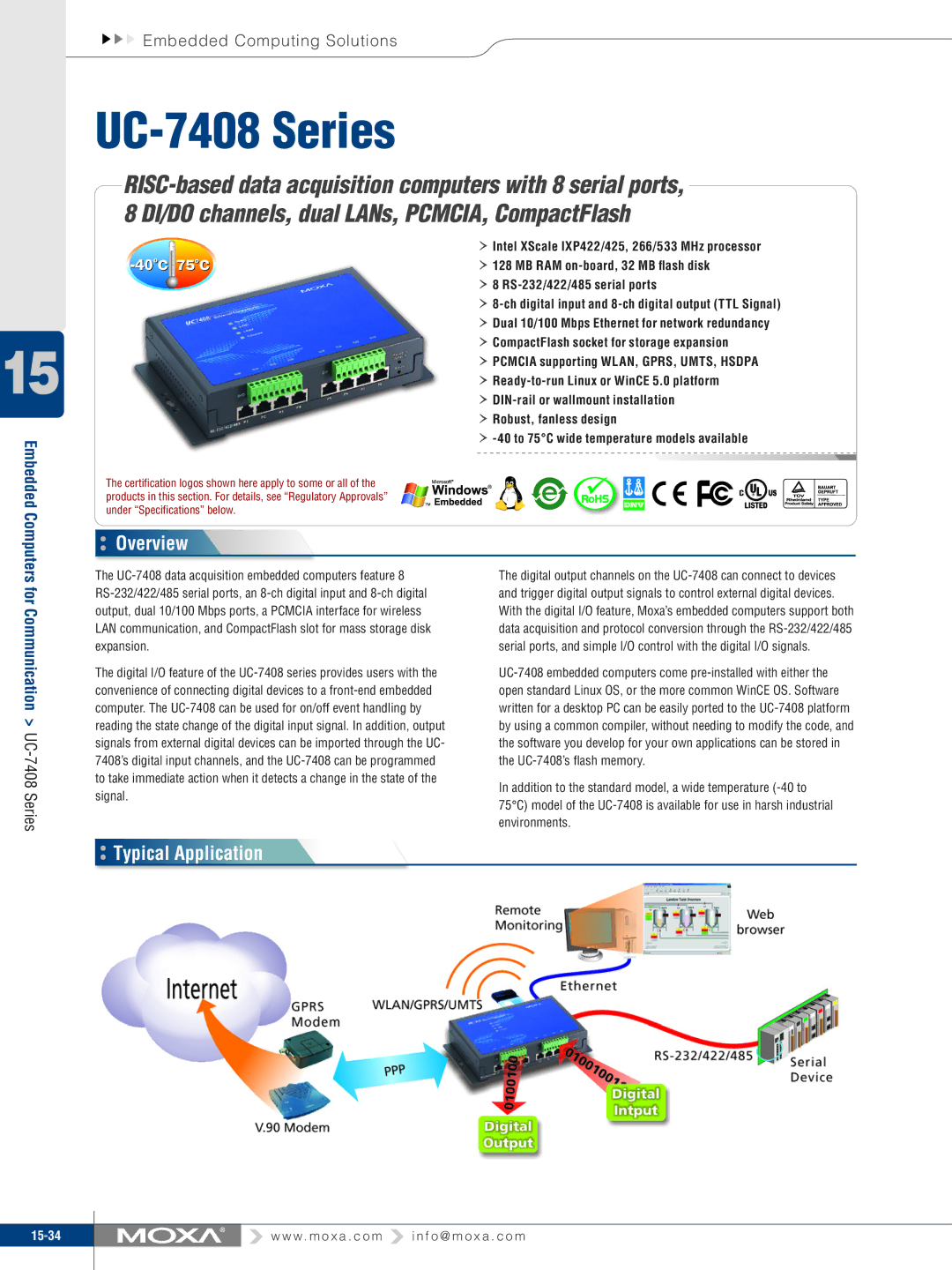 Moxa Technologies UC-7408 specifications Overview, Typical Application, Embedded 