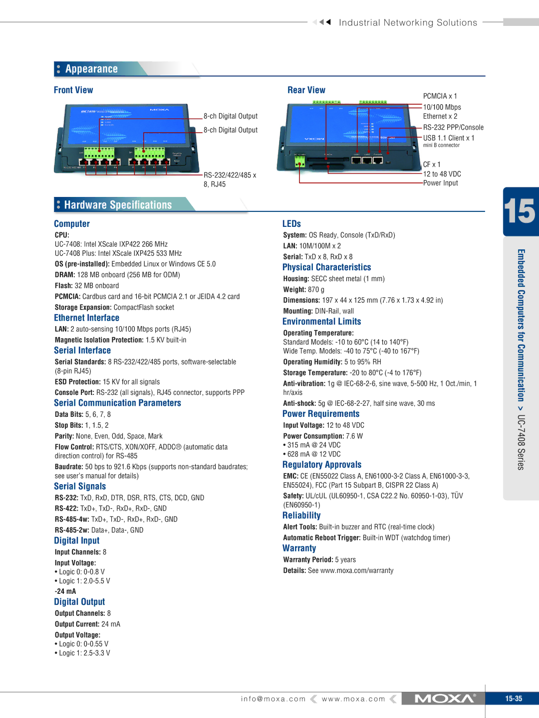 Moxa Technologies UC-7408 specifications Appearance, Hardware Speciﬁcations 