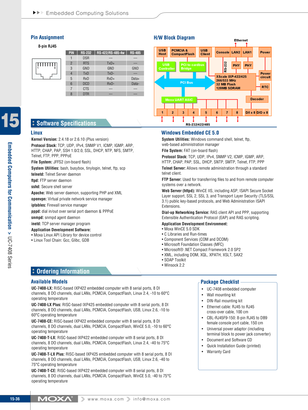 Moxa Technologies UC-7408 Software Speciﬁcations, Ordering Information, Embedded Computing Solutions, H/W Block Diagram 