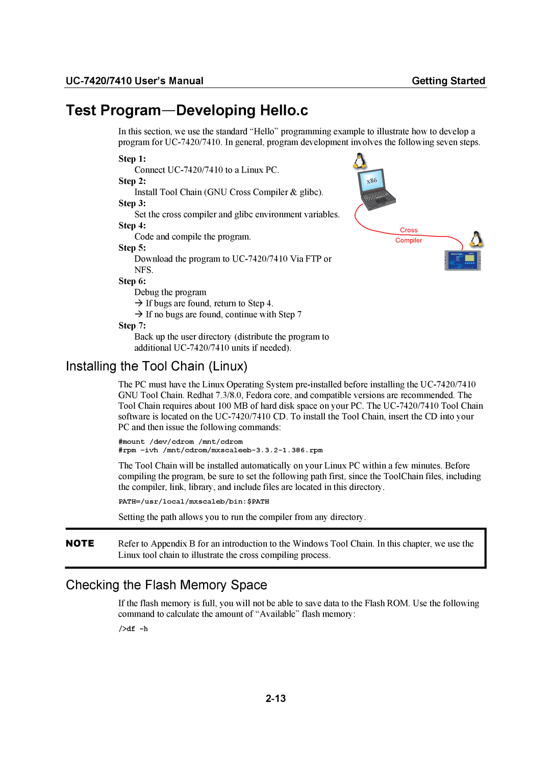 Moxa Technologies UC-7420/7410 user manual Test Program-Developing Hello.c, Installing the Tool Chain Linux, Step 