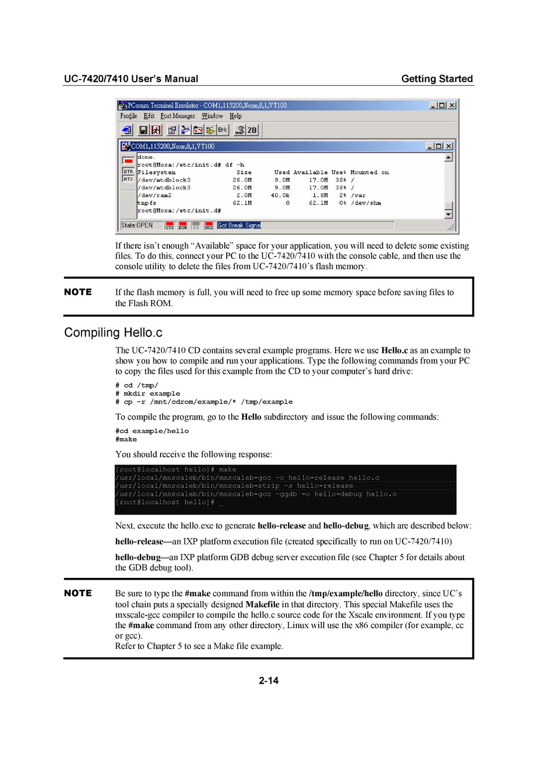 Moxa Technologies UC-7420/7410 user manual Compiling Hello.c, You should receive the following response 