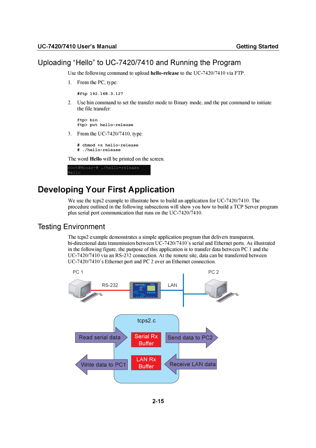 Moxa Technologies user manual Developing Your First Application, Uploading Hello to UC-7420/7410 and Running the Program 