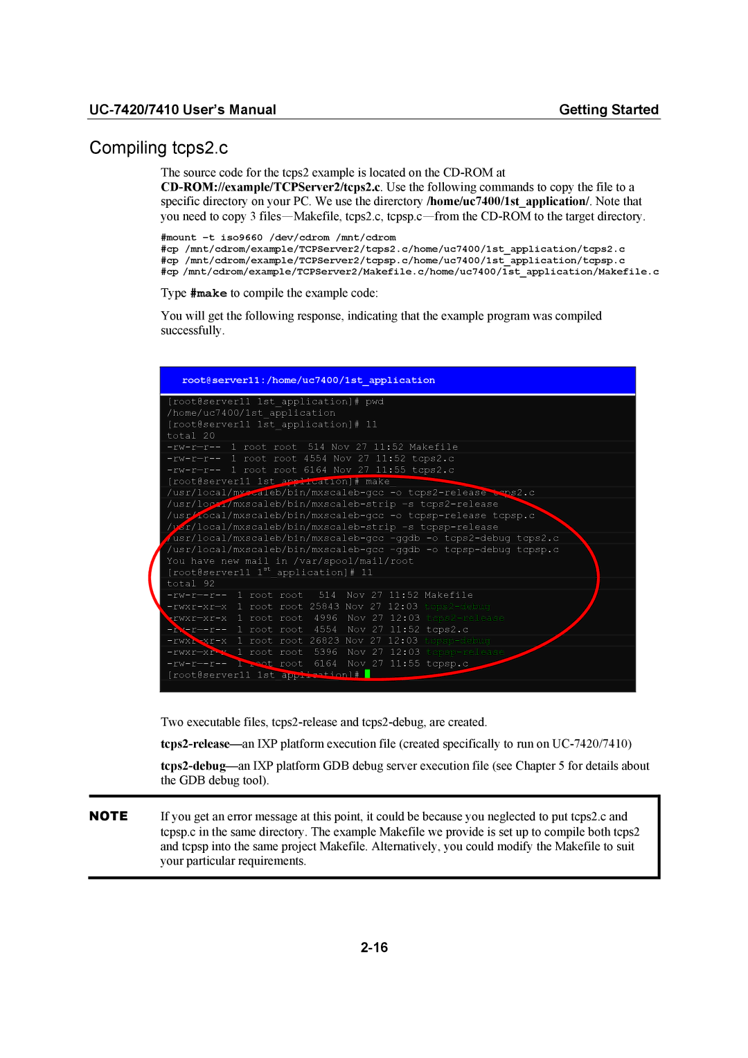 Moxa Technologies UC-7420/7410 user manual Compiling tcps2.c, #mount -t iso9660 /dev/cdrom /mnt/cdrom 