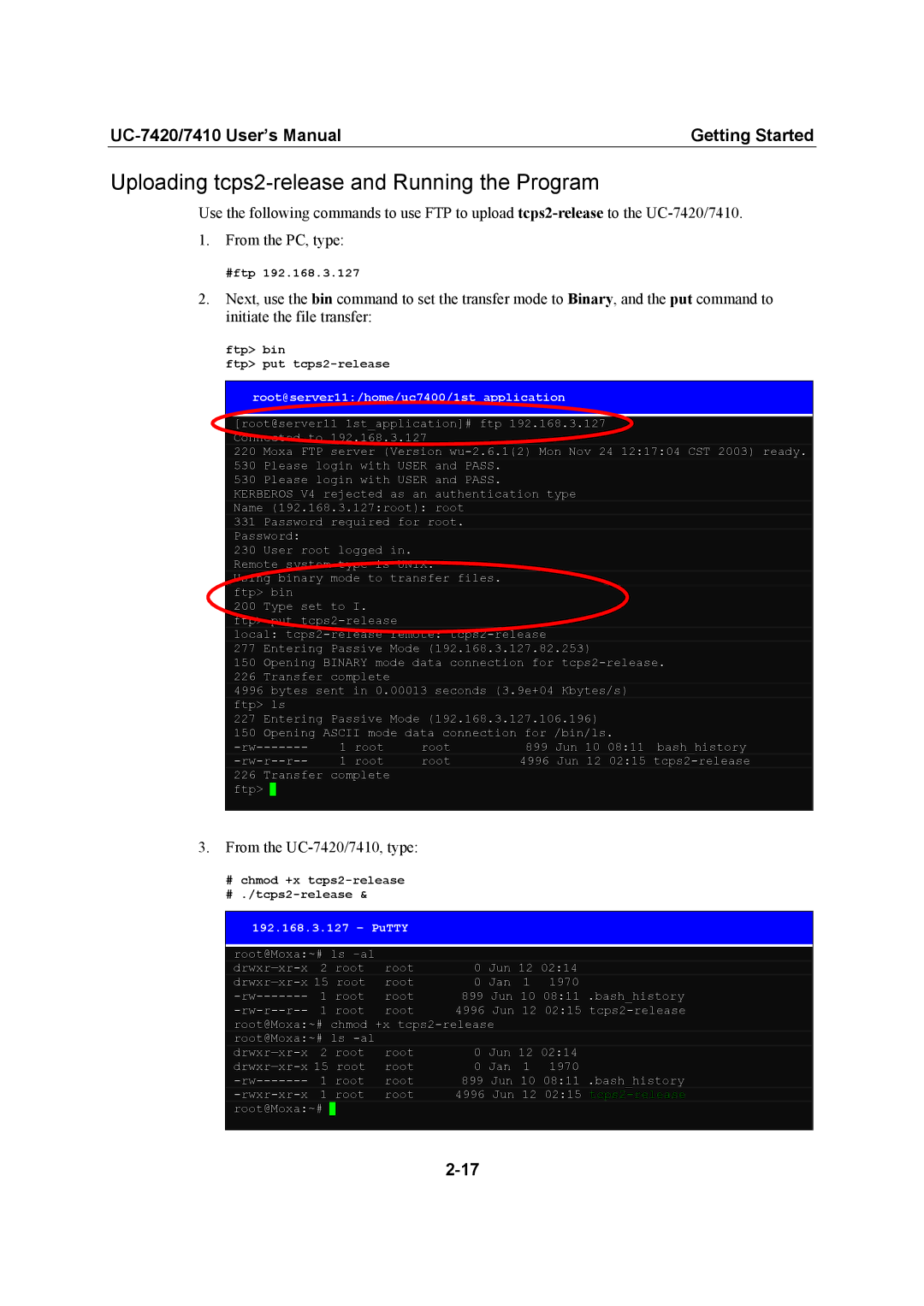 Moxa Technologies UC-7420/7410 user manual Uploading tcps2-release and Running the Program, PuTTY 