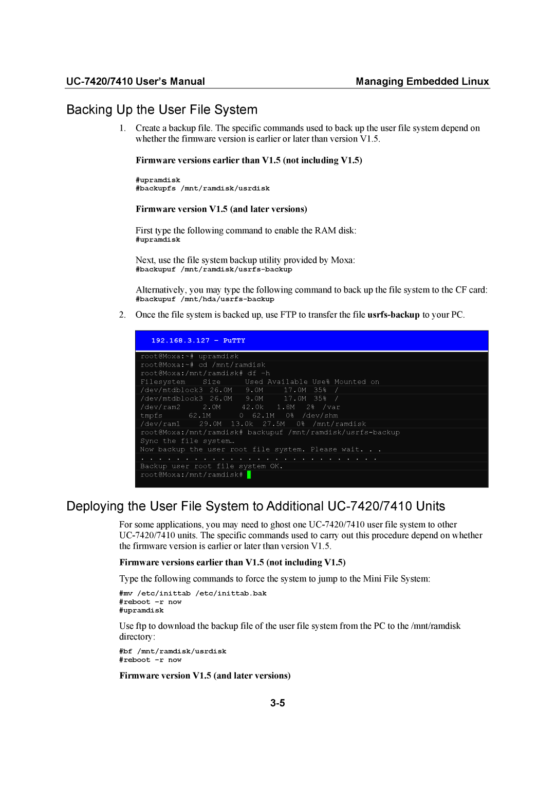 Moxa Technologies UC-7420/7410 Backing Up the User File System, Firmware versions earlier than V1.5 not including 