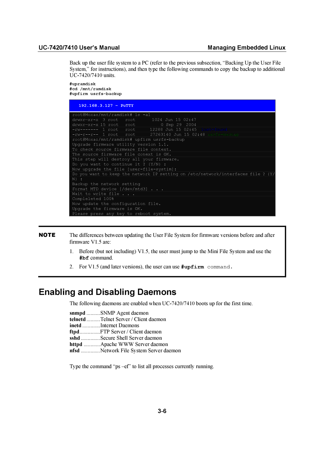 Moxa Technologies UC-7420/7410 user manual Enabling and Disabling Daemons 