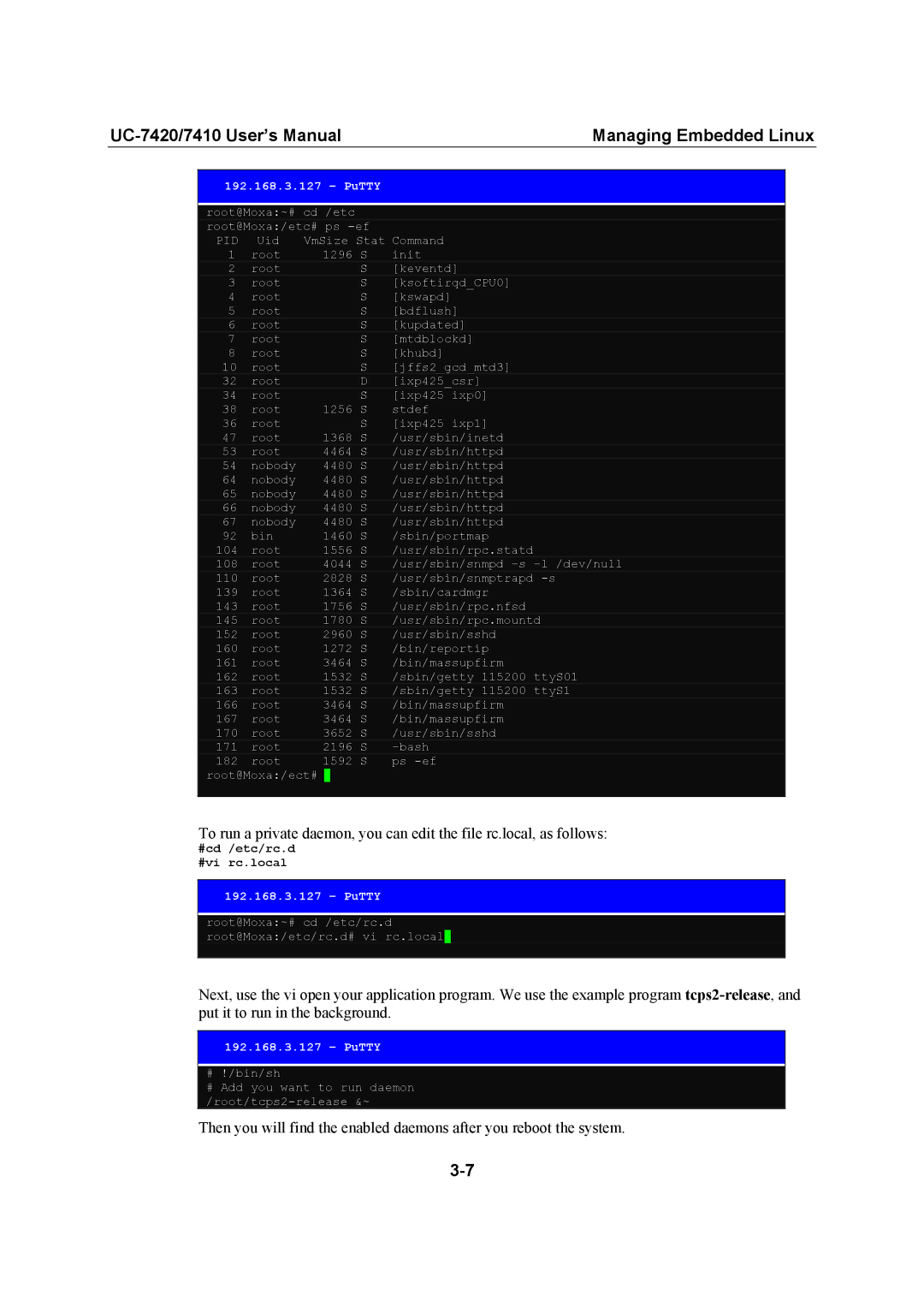 Moxa Technologies user manual UC-7420/7410 User’s Manual Managing Embedded Linux 