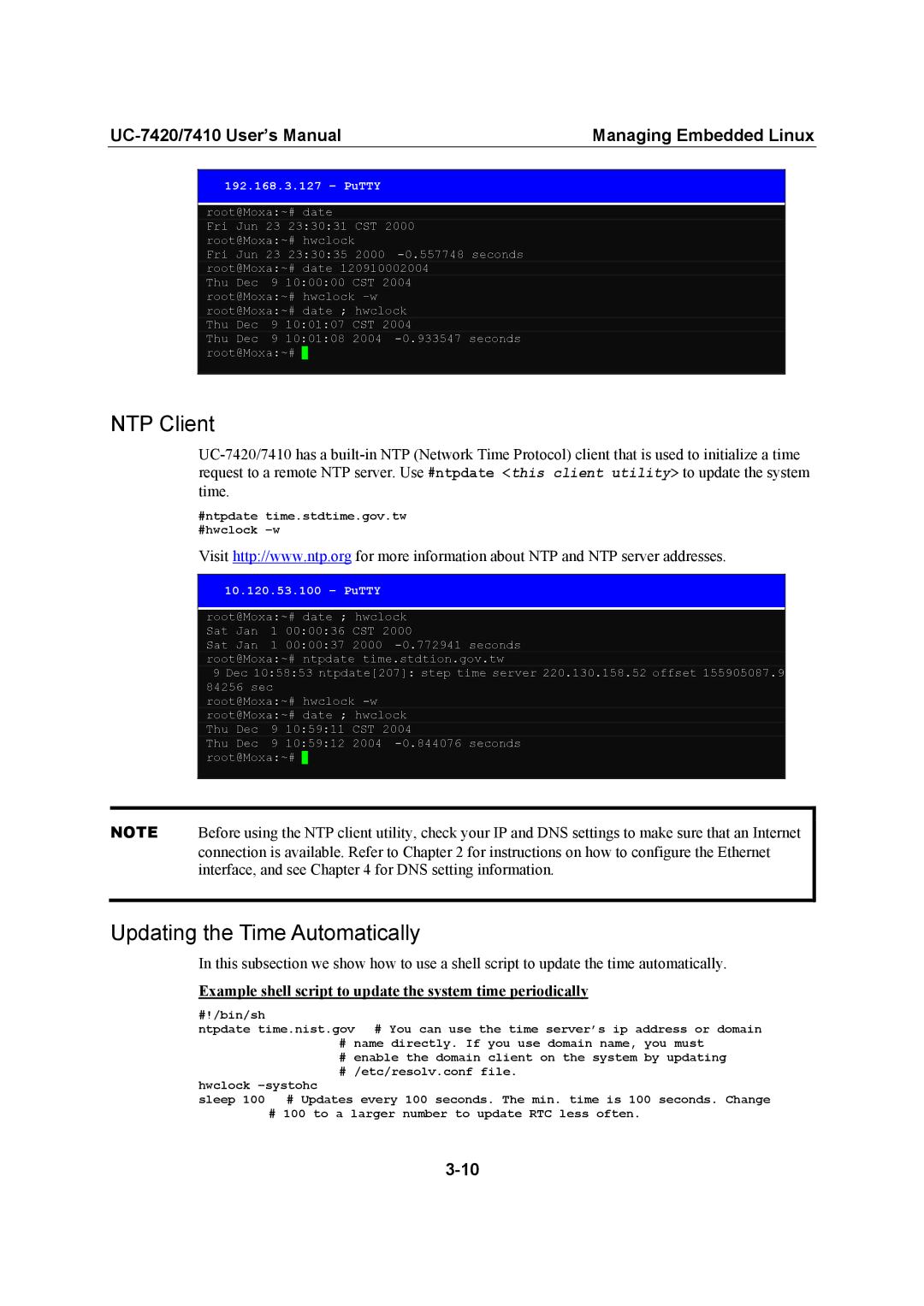 Moxa Technologies UC-7420/7410 user manual NTP Client, Updating the Time Automatically 