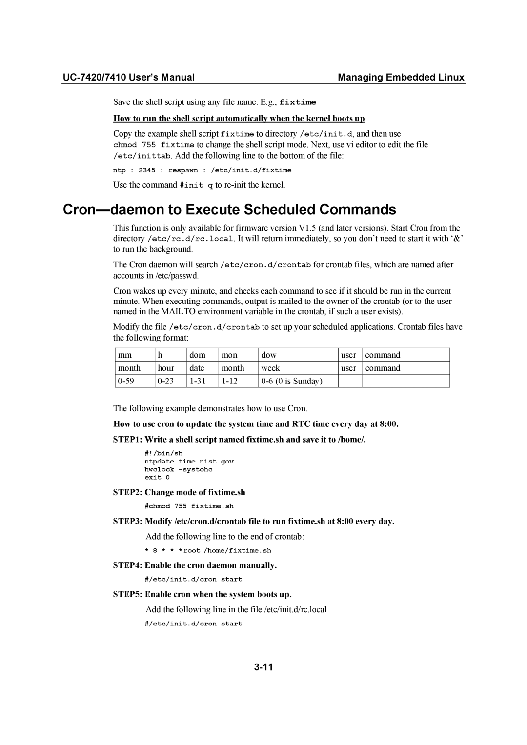 Moxa Technologies UC-7420/7410 user manual Cron-daemon to Execute Scheduled Commands, Change mode of fixtime.sh 