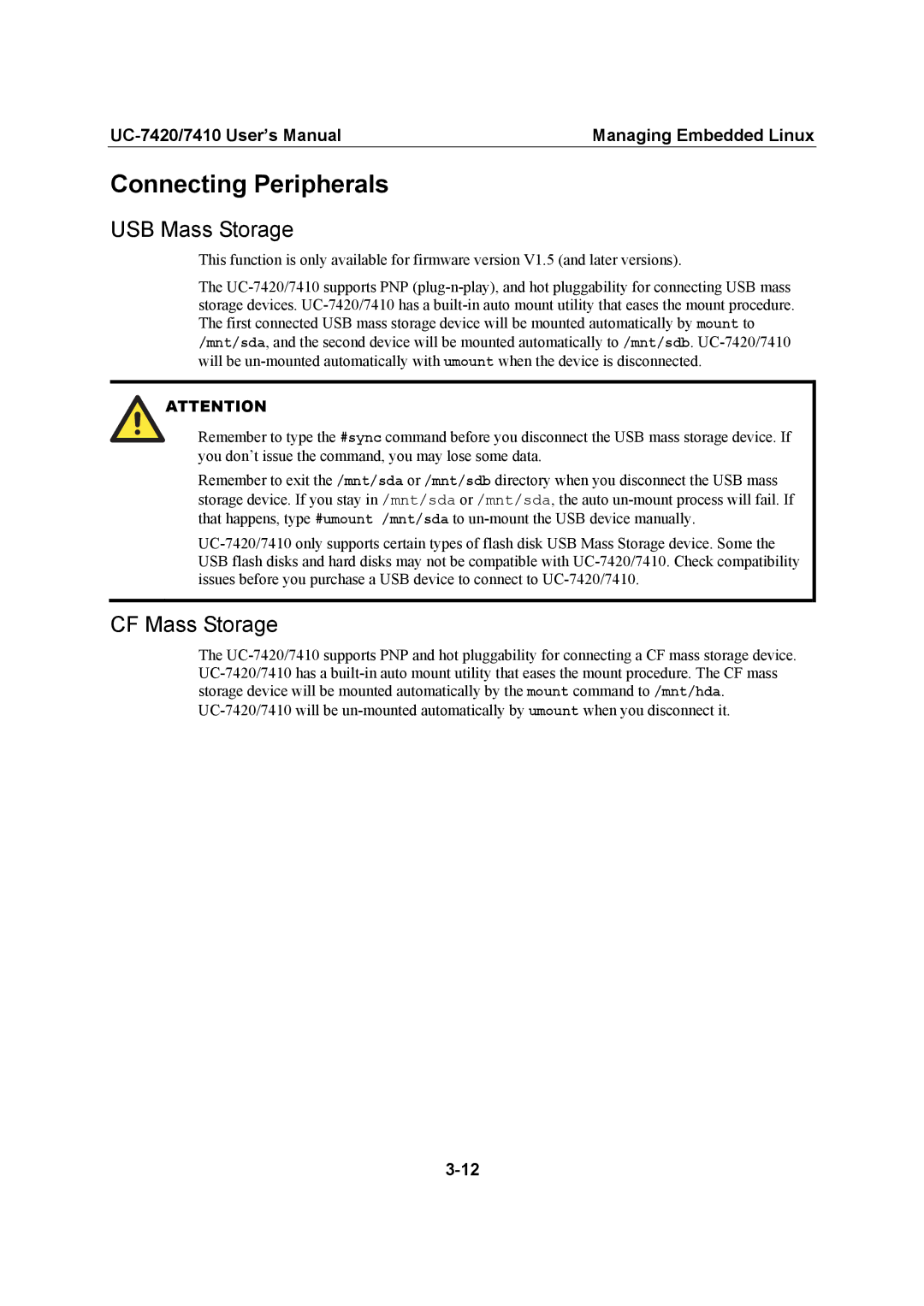 Moxa Technologies UC-7420/7410 user manual Connecting Peripherals, USB Mass Storage, CF Mass Storage 