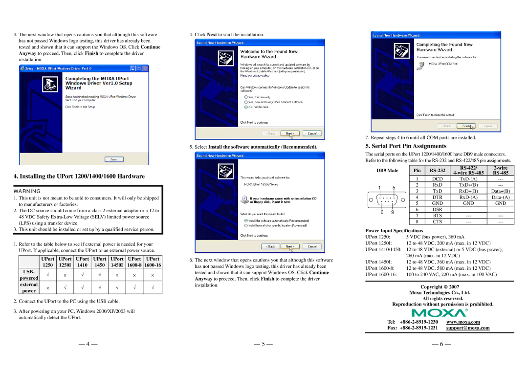 Moxa Technologies Uport 1200/1400/1600 manual Serial Port Pin Assignments, Installing the UPort 1200/1400/1600 Hardware 