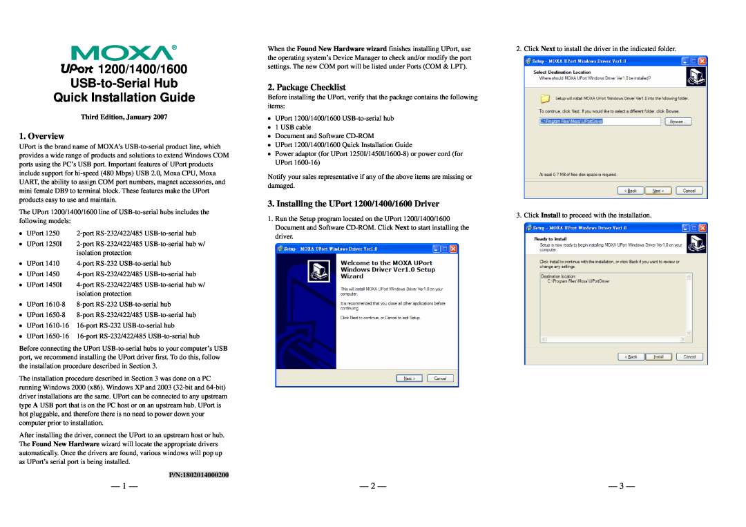Moxa Technologies Uport 1200/1400/1600 manual Overview, Package Checklist, Installing the UPort 1200/1400/1600 Driver 