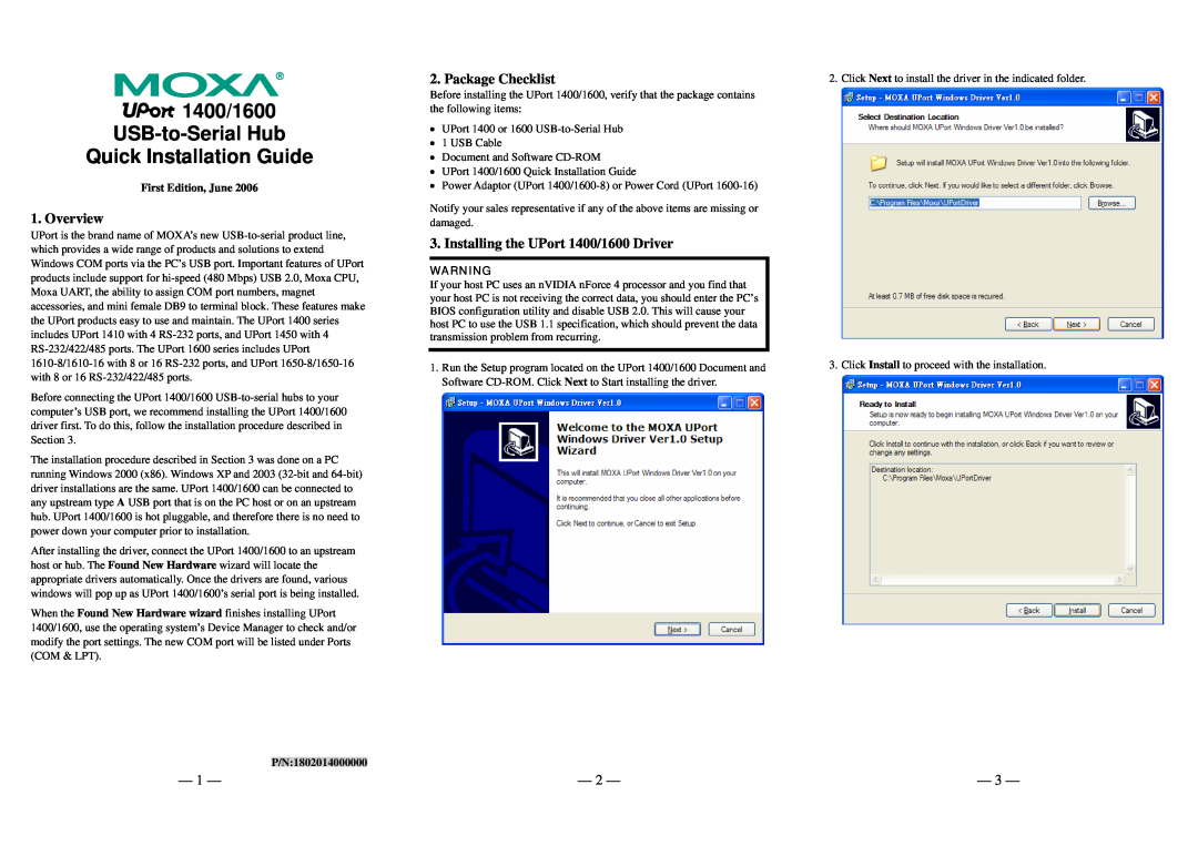 Moxa Technologies Uport 1400/1600 manual Overview, Package Checklist, Installing the UPort 1400/1600 Driver 