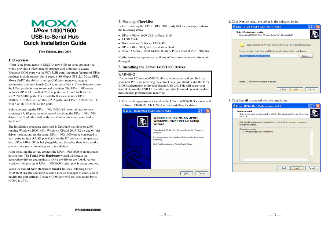 Moxa Technologies Uport 1400/1600 manual 1400/1600 USB-to-Serial Hub Quick Installation Guide, Overview, Package Checklist 