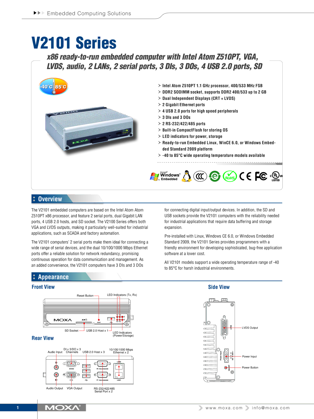 Moxa Technologies V2101 manual Overview, Appearance, Front View, Rear View, Side View 