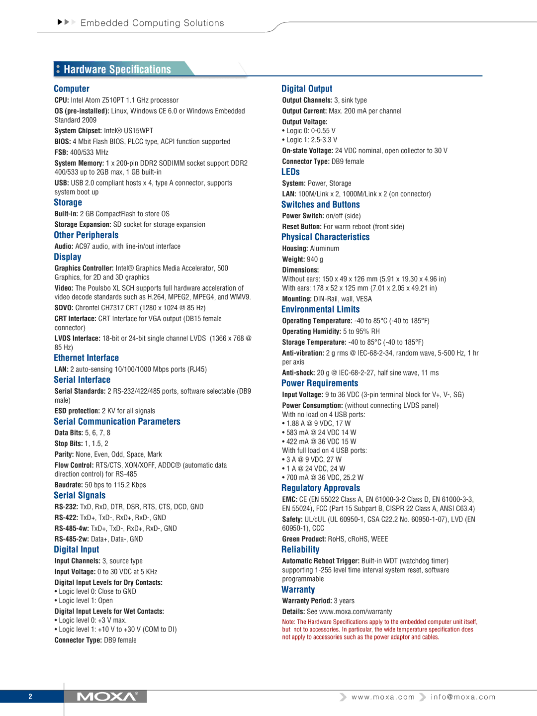 Moxa Technologies V2101 manual Hardware Specifications 