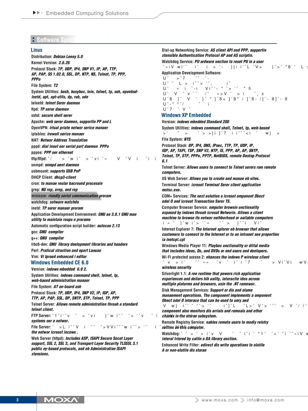 Moxa Technologies V2101 manual Software Specifications, Linux, Windows Embedded CE, Windows XP Embedded 