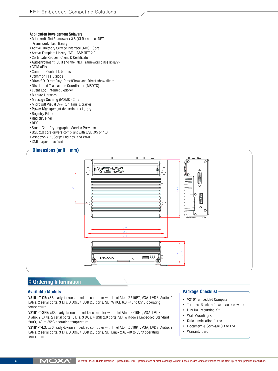 Moxa Technologies V2101 manual Ordering Information, Dimensions unit = mm, Available Models, Package Checklist 