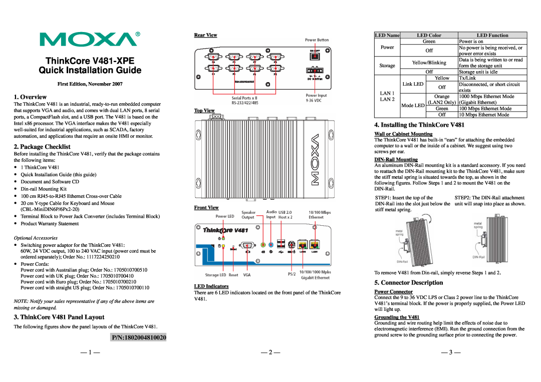 Moxa Technologies V481-XPE warranty Overview, Package Checklist, ThinkCore V481 Panel Layout, P/N1802004810020 
