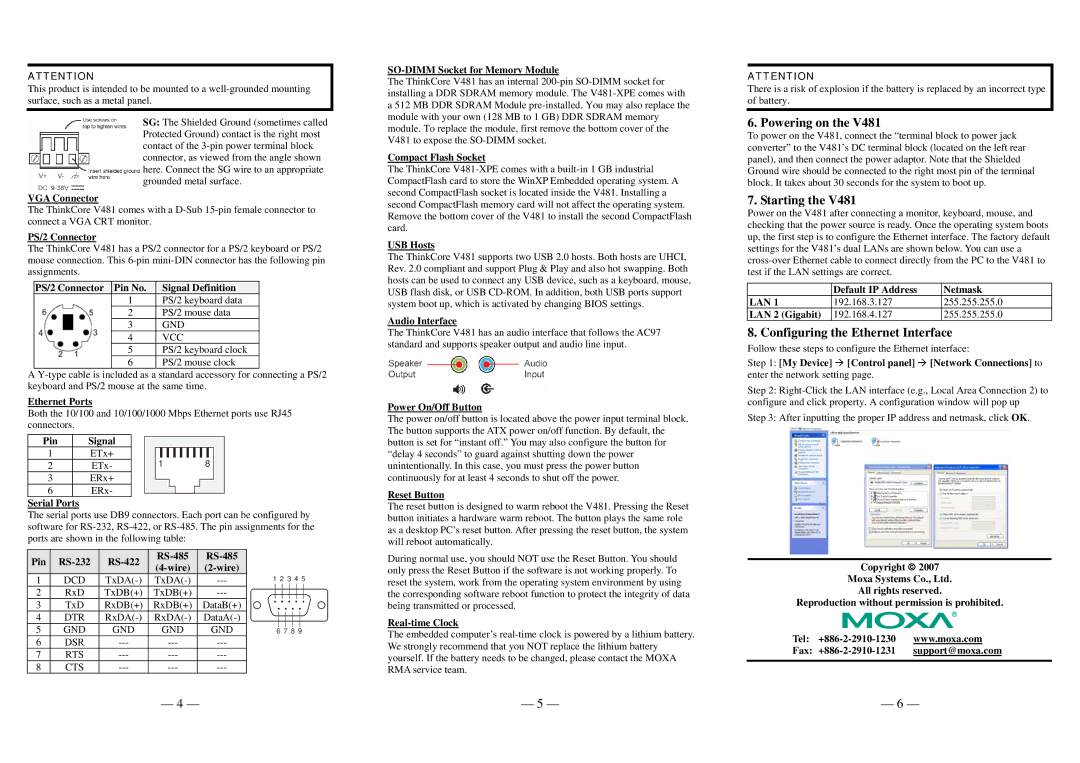 Moxa Technologies V481-XPE warranty Powering on, Starting, Configuring the Ethernet Interface 