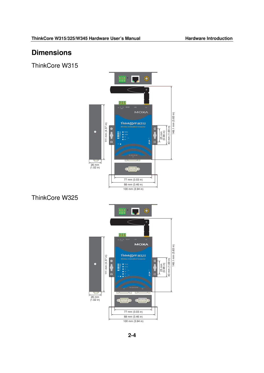 Moxa Technologies W315 user manual Dimensions 