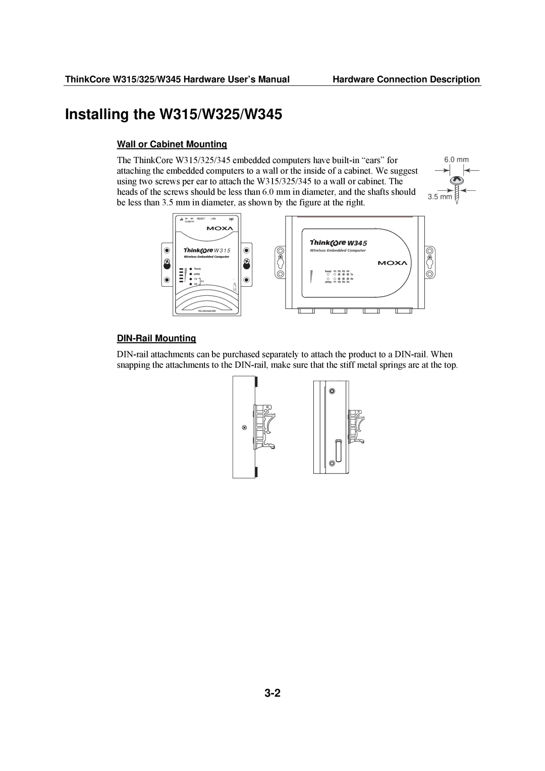 Moxa Technologies user manual Installing the W315/W325/W345, Wall or Cabinet Mounting, DIN-Rail Mounting 