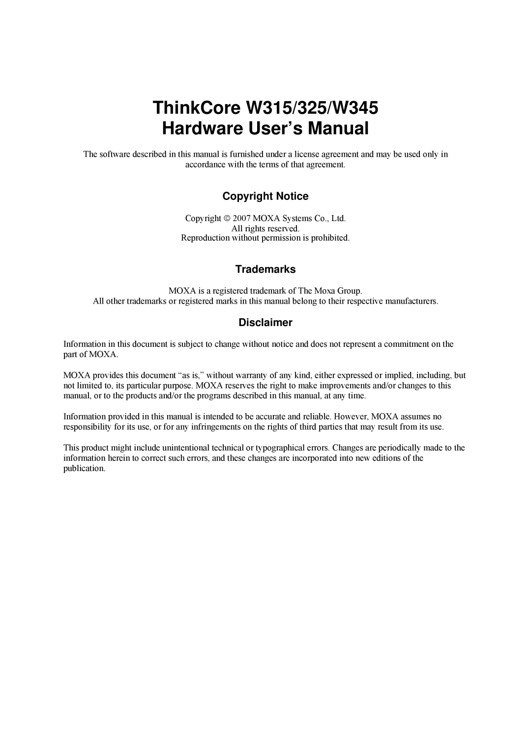 Moxa Technologies user manual ThinkCore W315/325/W345 Hardware User’s Manual, Trademarks 