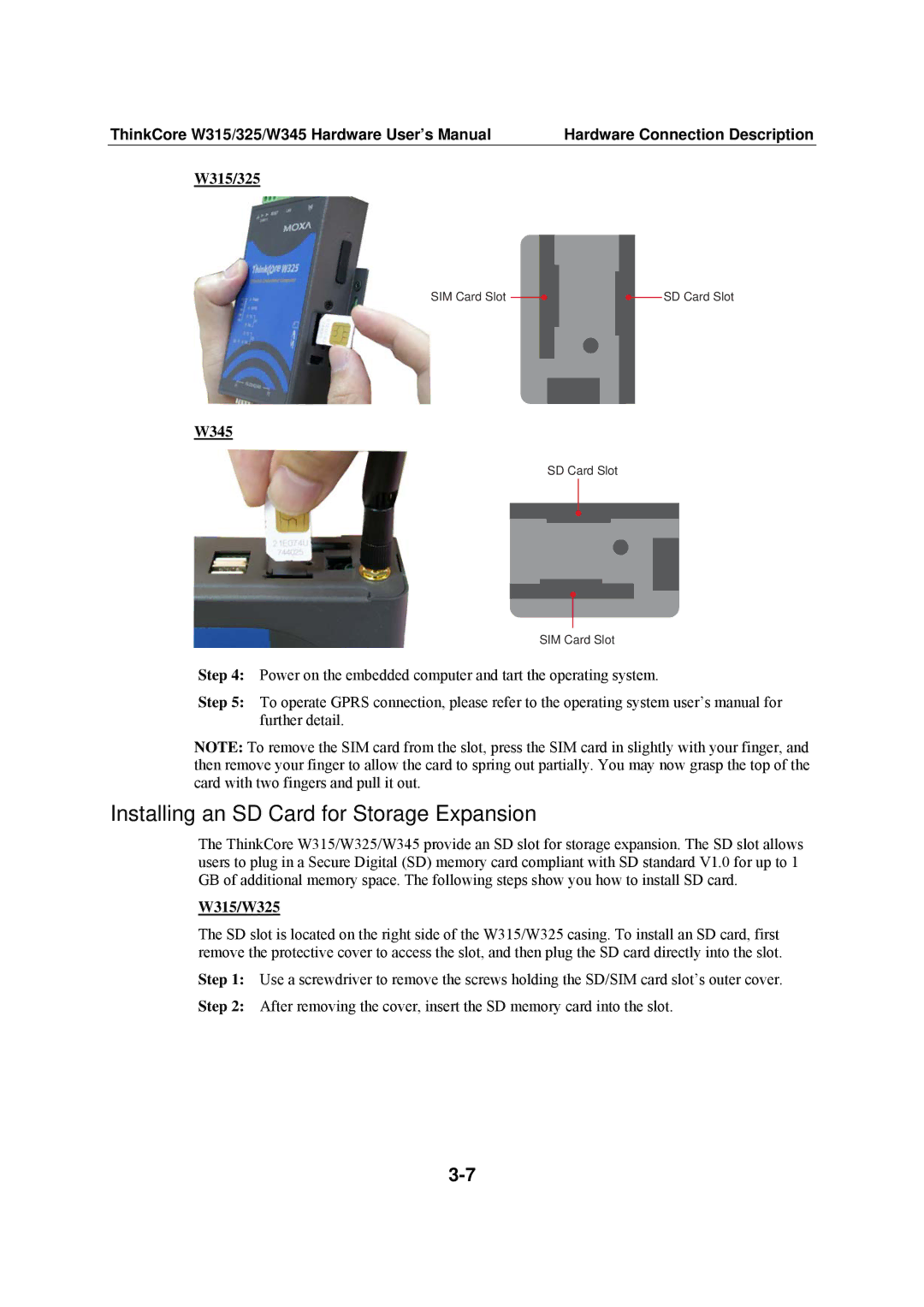 Moxa Technologies user manual Installing an SD Card for Storage Expansion, W315/325, W315/W325 