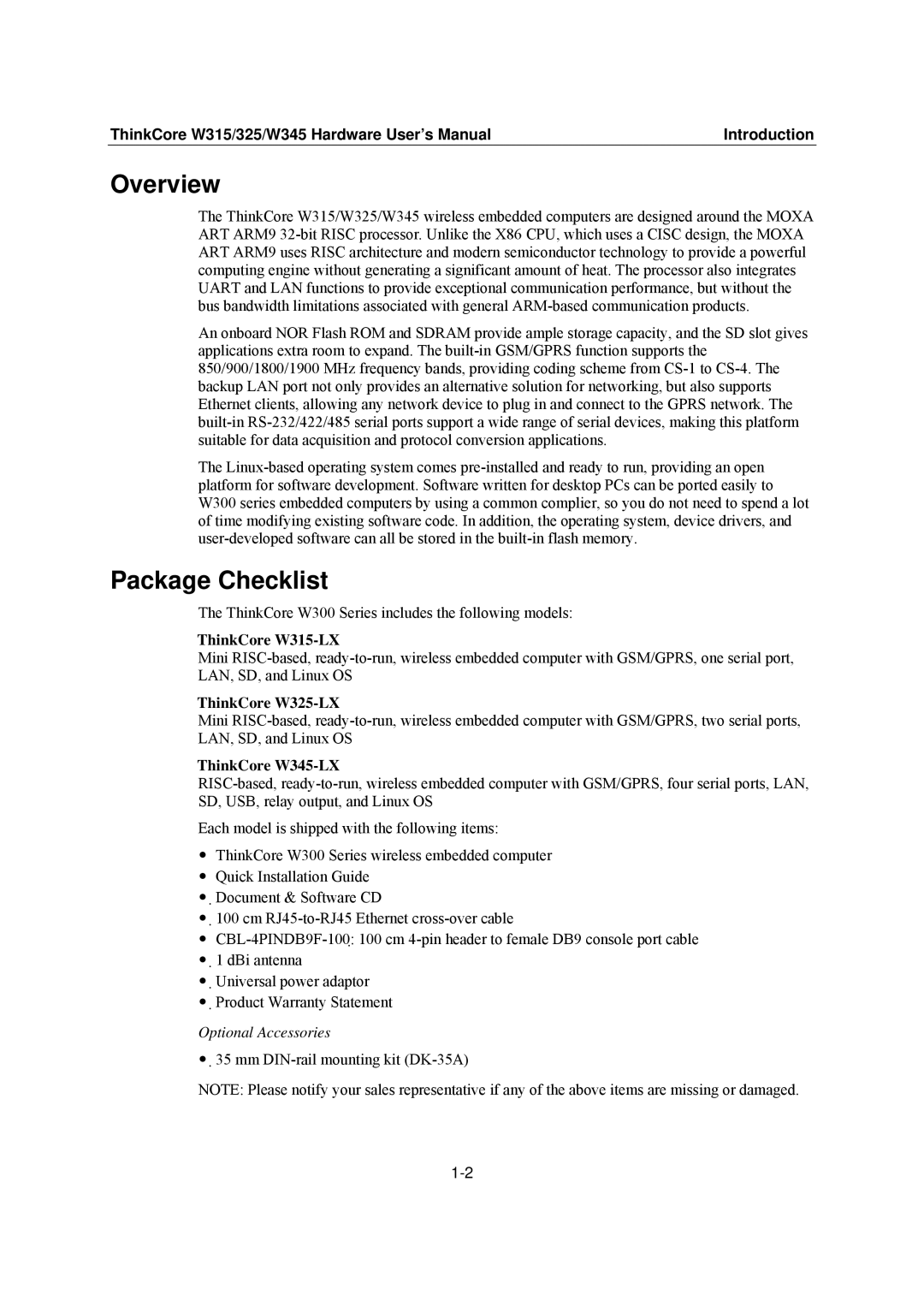 Moxa Technologies user manual Overview, Package Checklist, ThinkCore W315/325/W345 Hardware User’s Manual Introduction 