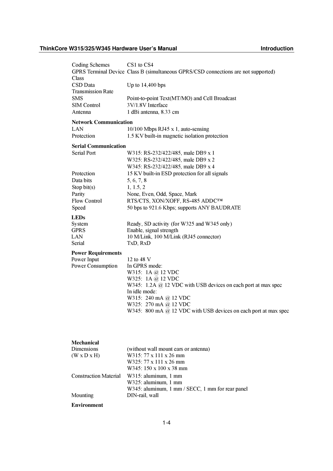 Moxa Technologies W315 Network Communication, Serial Communication, LEDs, Power Requirements, Mechanical, Environment 