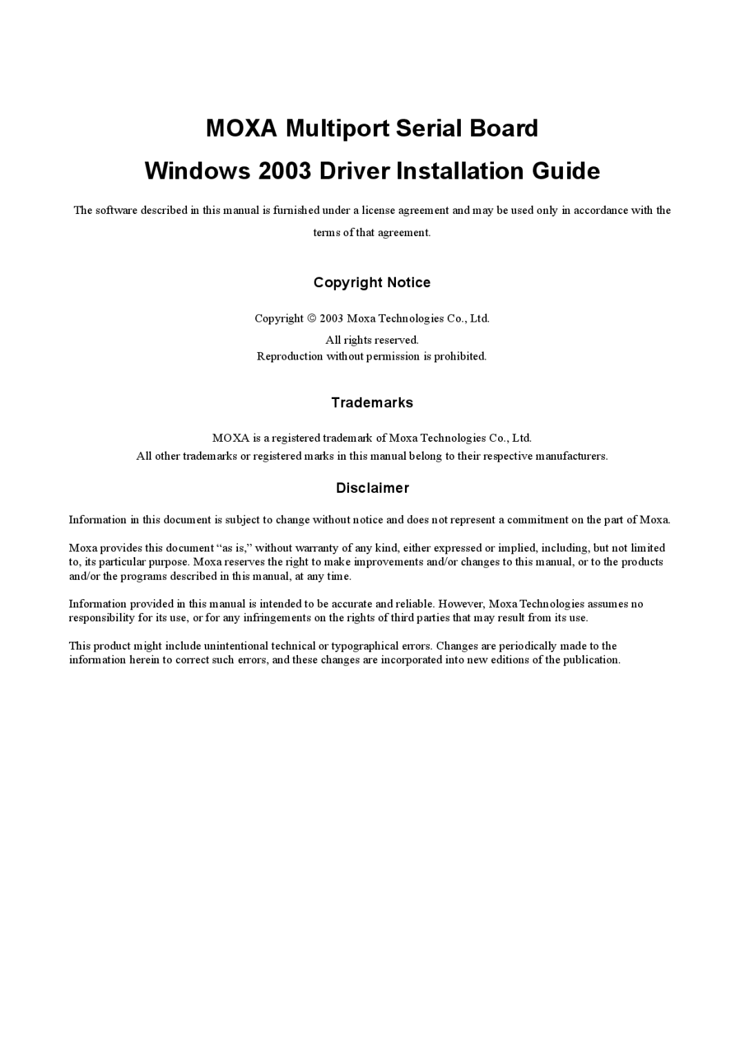 Moxa Technologies Windows 2003 Driver manual Copyright Notice 